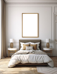 Wall art mockup. Wall art in bedroom. One wall art with wooden borders. Bedroom interior background. Empty mockup frame