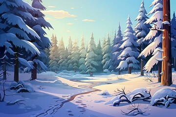 A wintery forest landscape depicted in a cartoon style. Generative AI