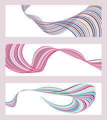 Wavy lines or ribbons. Set of 3 backgrounds. Multicolored striped gradient. Creative unusual background with abstract gradient wave lines to create a trendy banner, poster. vector eps