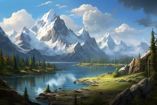 A natural landscape with a tranquil lake, dense forest, and majestic mountains. Generative AI