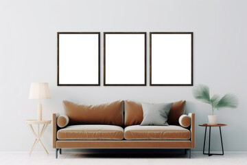 Wall art mockup. Three canvas with black wooden borders. Living room with gray wall