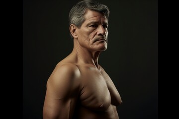 Fototapeta premium Mature man, in his 50s, poses in the studio with his chest exposed.