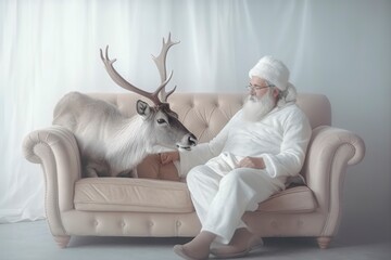 Santa Claus and his trusty reindeer Rudolf, both in pajamas, enjoy a cozy autumn evening on a white sofa