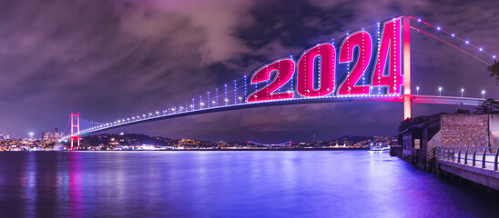 15 July Martyrs Bridge, violet, purple cloudy sky and sea in Istanbul, Turkey. Bosphorus Bridge,...