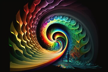 A surreal image of a man standing in a surreal spiral space