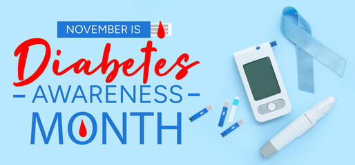 Banner for Diabetes Awareness Month with glucometer, lancet pen and ribbon