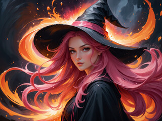 bruja con cabello rosado con un sombrero y vestido negro, arte de fantasía