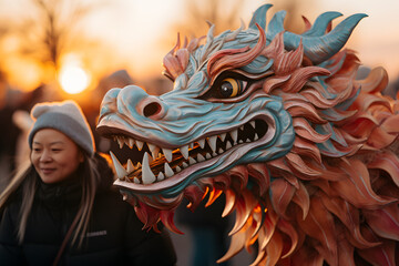 Close up of dragon head statue at Chinese New Year parade on the streets ai generated art