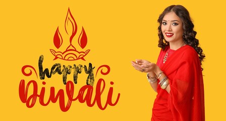 Greeting banner for Diwali (Festival of lights) with Indian woman holding diya lamp on yellow background