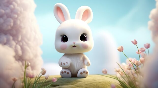 Cute scene of a little bunny in nature, illustration in 3d cartoon style. Created with Generative Ai technology.
