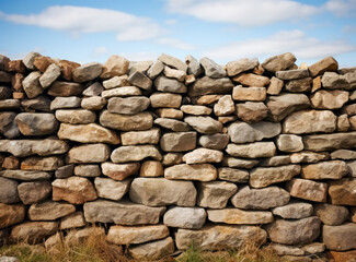 Stone wall next to grassy field in Scottish countryside, Dutch landscape.
