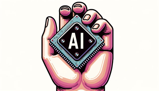 llustration of a human hand, with a diverse skin tone, holding up a shiny computer chip. The chip gleams under the light, and prominently in its cent
