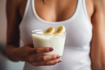 Women eating yogurt with a banana after fitness training, women eating healthy food after fitness...