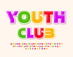 Vector creative flyer Youth Club. Bright Futuristic Font. Modern colorful Alphabet Letters, Numbers and Symbols set