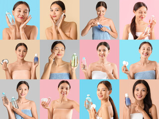 Collage of young Asian woman with micellar water on color background