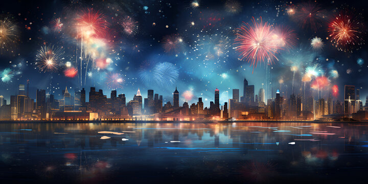Illustration of a colorful firework in a city at night