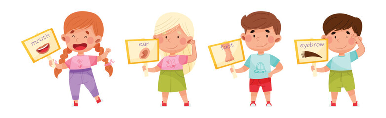 Cute Boy and Girl Character Holding Card with Body Part Picture Vector Set