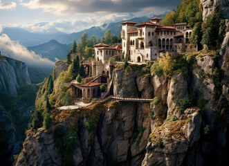 Medieval Georgian monastery on a rocky cliff, on the mountain top renaissance-inspired, rounded, rustic scenes, photo, 15th century. - obrazy, fototapety, plakaty