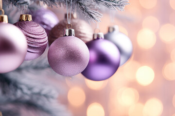 Elegant violet Christmas tree baubles hanging from snow covered tree.