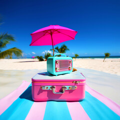 Retro radio on a suitcase on a sandy beach. Pink & teal radio stands on a suitcase on a resort island in the ocean. Red & aquamarine radio in tourist area. Purple & turquoise background of palm trees