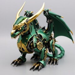 Robot dragon made of gold with green enamel, symbol of the year. 