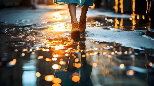  beautiful silhouette of a woman walking in a shallow water with leaves