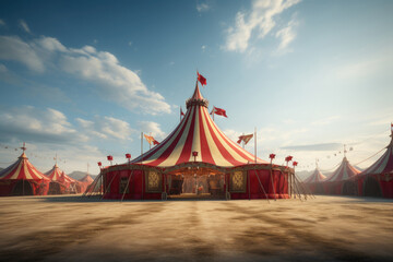 Circus tent at summer day. Cirque facade. Festive attraction