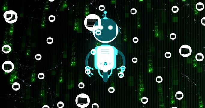 Animation of ai chat bot and icons over binary coding on black background