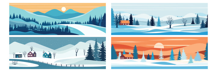 Set of winter background banner. Winter landscape with mountain, pine trees, hill and house. Vector illustration.
