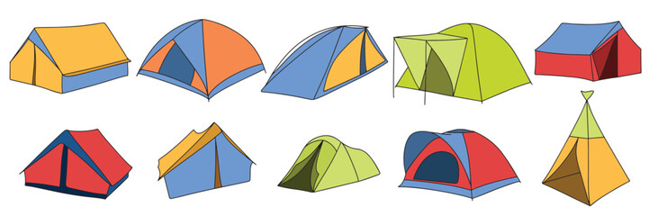 Collection of tents colored outline. Hand drawn tent in doodle style. Set of outline tent camp isolated on white background. Vector illustration.