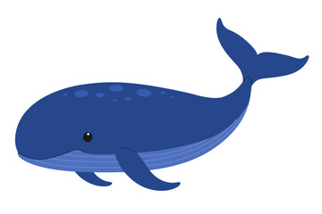 Cute blue whale. Giant sea and ocean animal. Underwater life. Childish character. Vector flat illustration isolated on white background