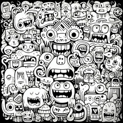 Black and white monsters doodle art