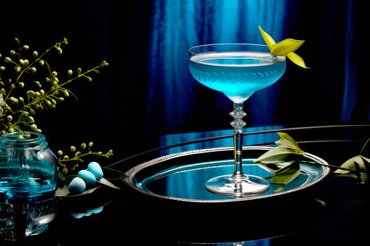 Blue Curacao cocktail garnished with lemon slice, in the style of bold color field