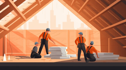 copy space, flat 2D simple vector illustration, technicians insulating the attic with insulating material. Combatting climate change, environmentally-friendly, sustainable concepts, such as reducing c