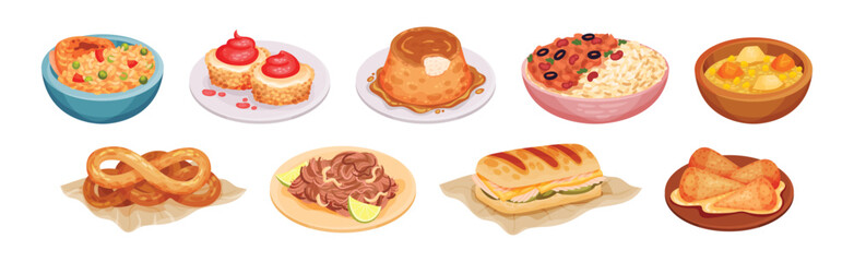 Traditional Indian Food and Dishes Served on Plate Vector Set
