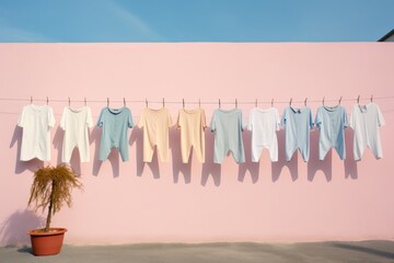 Clean children's clothes hanging on a washing line on the street. Illustration in pastel colors. Washday. 