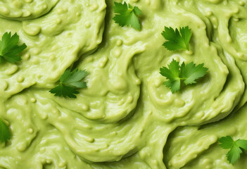 Fresh guacamole recipe background. Green avocado sauce close-up, top view. Raw cucumber creamy paste, macro view. Food texture, generated by AI