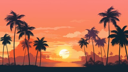 Fototapeta na wymiar Graphical minimal design of a vibrant sunset scene with palms and sunset