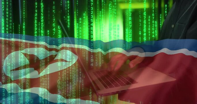 Animation of binary coding with hacker over flag of north korea
