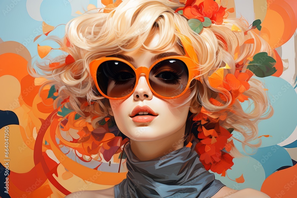 Wall mural art of woman in sunglasses, vibrant image