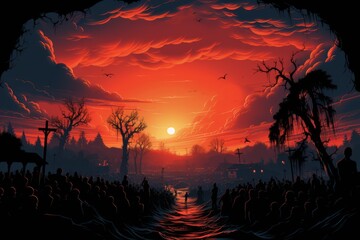 Dark village with group of people, cross and orange colored dark sunset