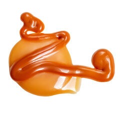 Caramel candies with melted caramel isolated on white background. Top view. Flat lay..