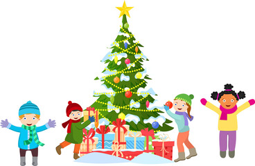 Obraz na płótnie Canvas kids decorating a Christmas tree