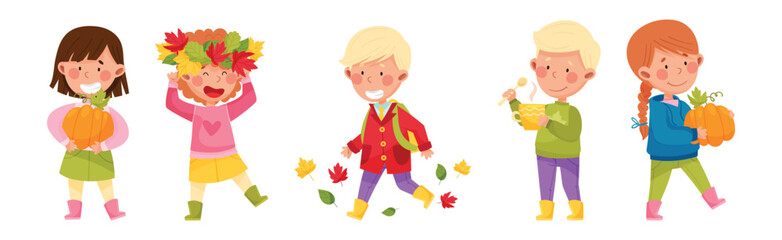 Happy Children Characters in Autumn Season Walking with Pumpkin and Leaf Wreath on Head Vector Set