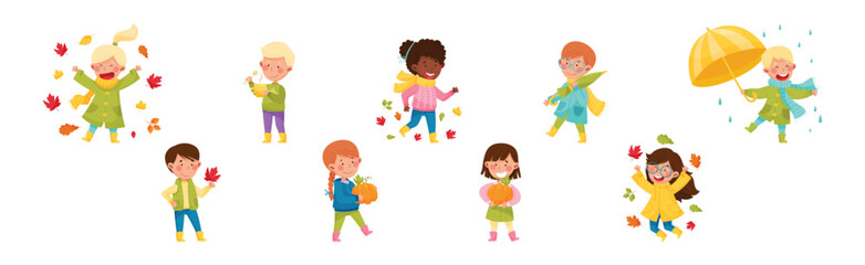 Happy Children Characters in Autumn Season Walking with Umbrella and Throwing Leaves Vector Set