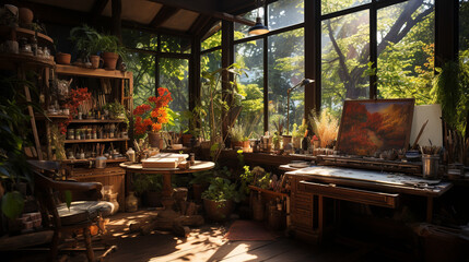 Sunlight streaming through a large window onto an artist's canvas