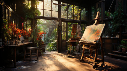Sunlight streaming through a large window onto an artist's canvas