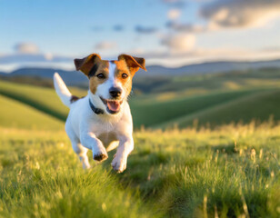 Jack Russell running in a green field. Generative AI