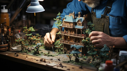 An artist meticulously working on a detailed miniature painting