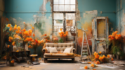 A beautifully messy studio with paint-splattered walls and floors